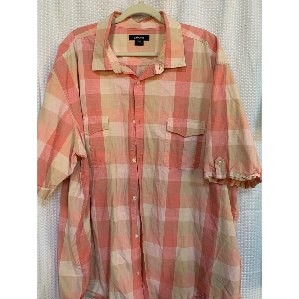 Claiborne Mens 3XLT peach plaid shirt sleeve summer shirt